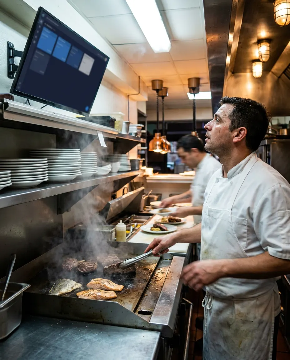 Un cocinero en la parrilla, con la pantalla de pedidos arriba