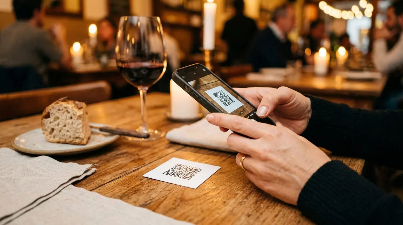 Un comensal escanea con el celular el QR del menú que está sobre la mesa
